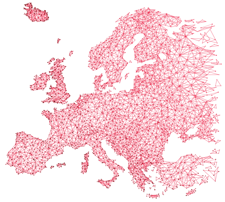 KI_Park Eine Europakarte mit roten Punkten und Linien, die das europäische KI-Ökosystem hervorhebt.