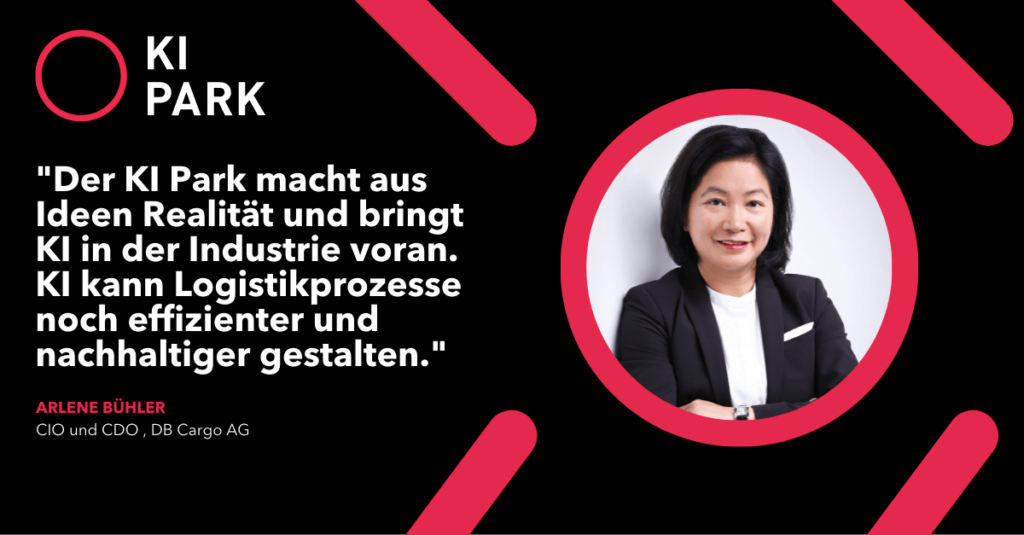 KI_Park Ein Bild einer Frau in einem Business-Anzug mit der Aufschrift KI Netzwerk.