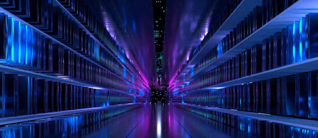 KI_Park Ein Bild einer europäischen KI-Innovationsökosystem-Werkstatt mit einem dunklen Flur, der mit blauen und violetten Lichtern beleuchtet ist.